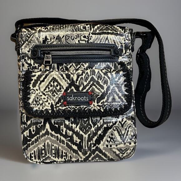 Sakroots Artist Circle Messenger Bag Black Cream Graphics Crossbody Small Flap - Picture 1 of 11